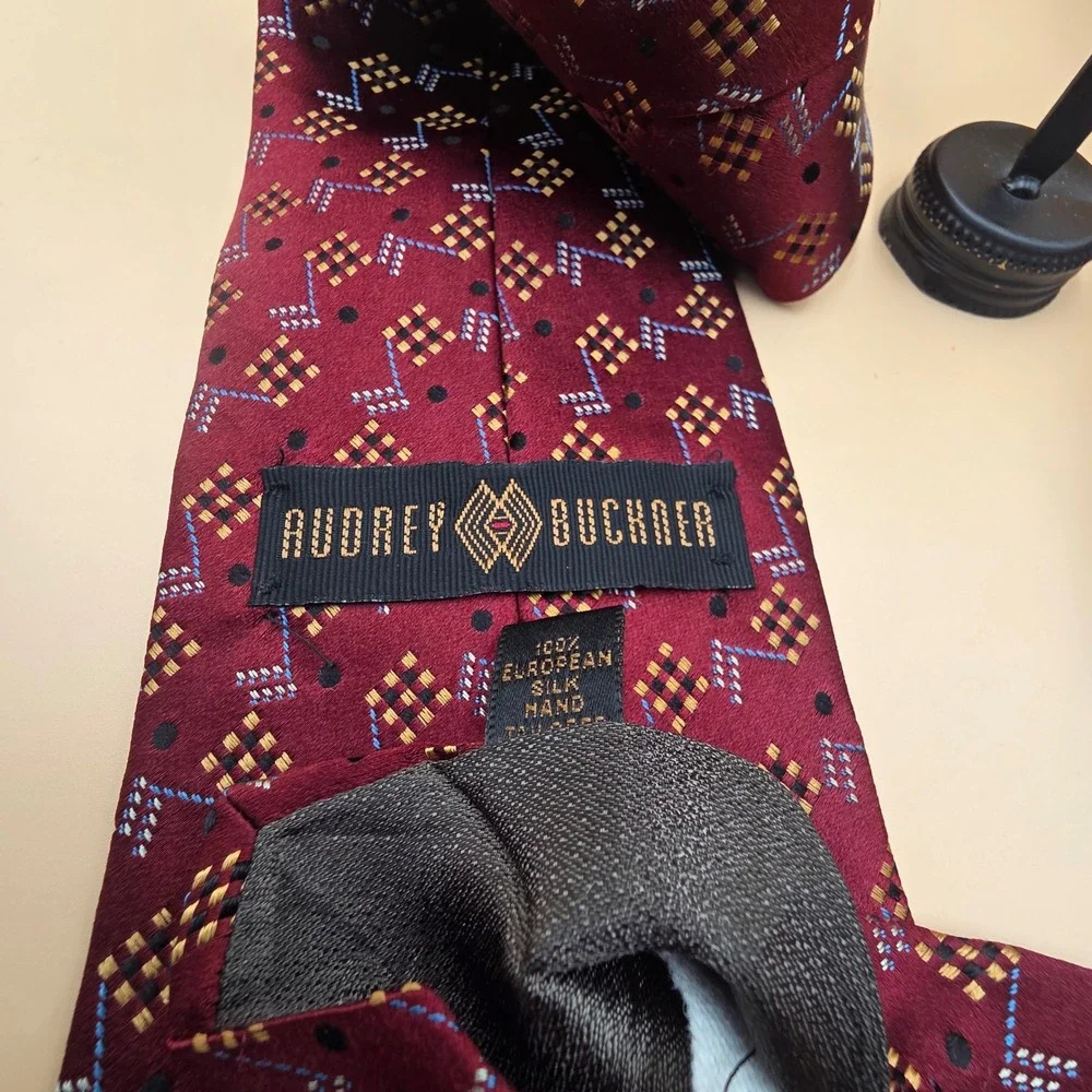 Audrey Buckner Mens Silk Tie Burgundy Geometric Gold Blue Hand Tailored 4 Inch